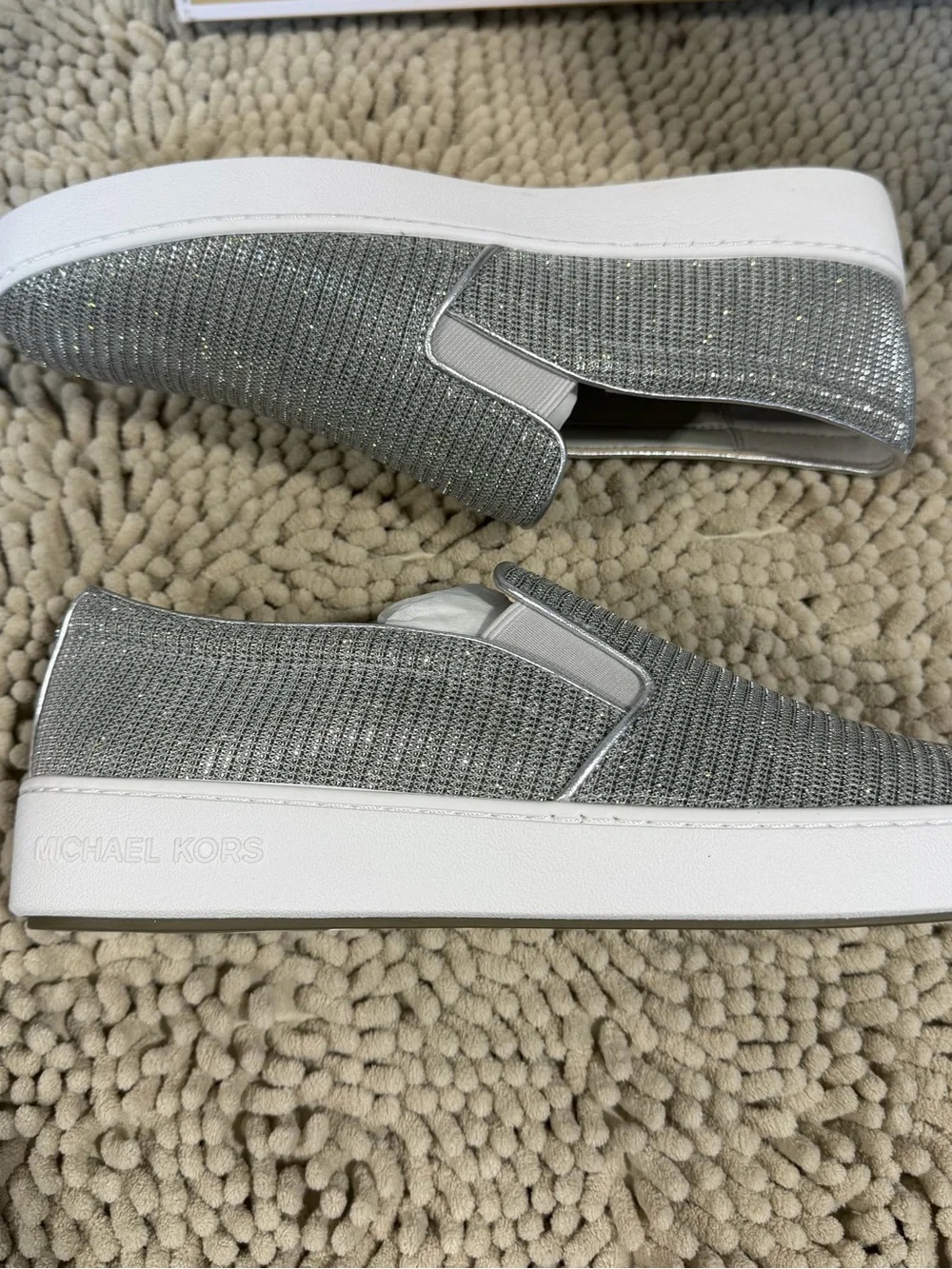Michael Kors Kids Silver Glitter Slip-On Sneakers with White Sole